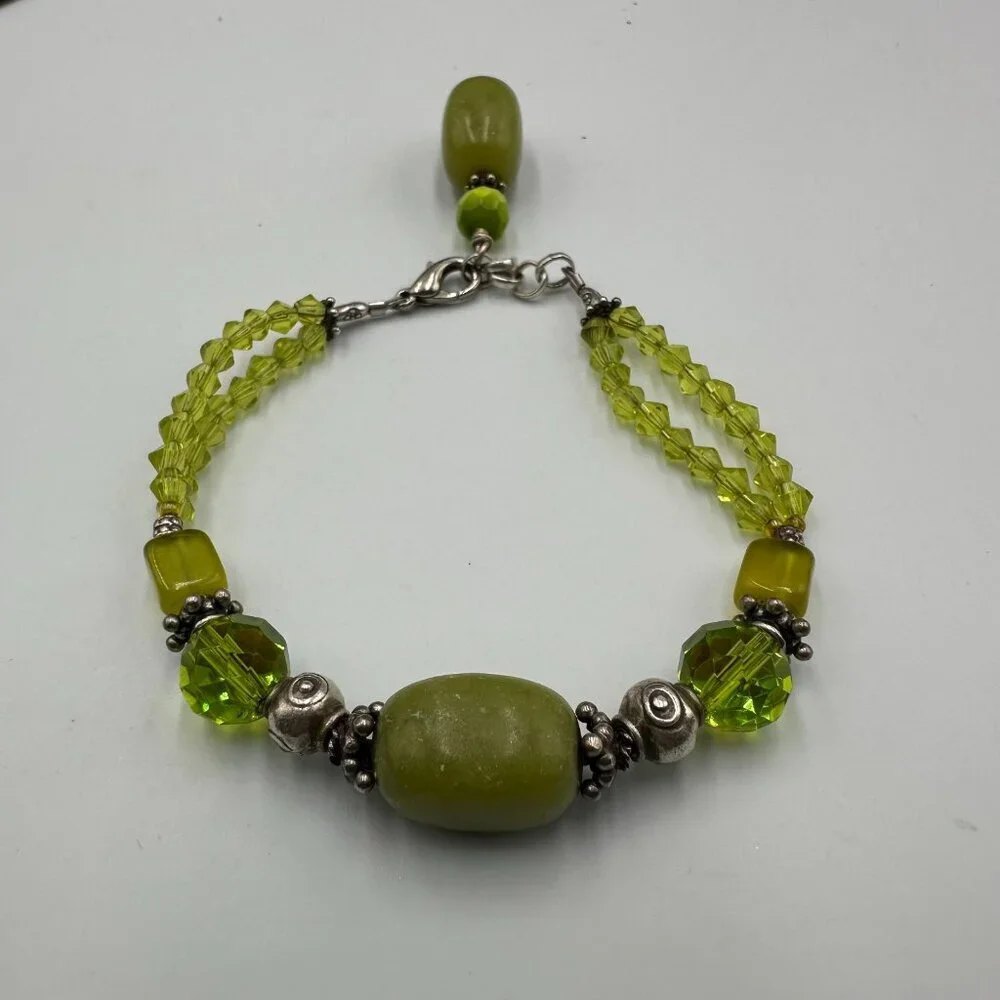 Artisan Bracelet Sterling Silver Beads Clasp Green Glass Dyed Stone Olive Tone